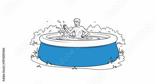 Man splashes joyfully in a blue inflatable pool surrounded by grass and bushes
