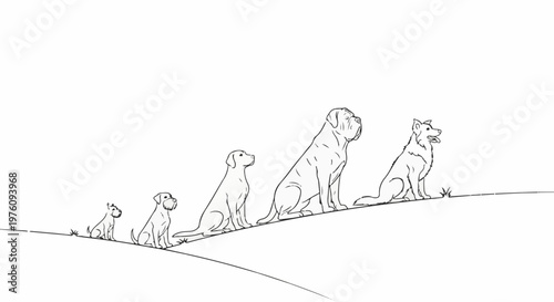Line drawing of five dogs of varying sizes sitting on a grassy slope