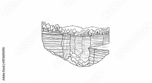 Line drawing of layered cliffs with trees on top