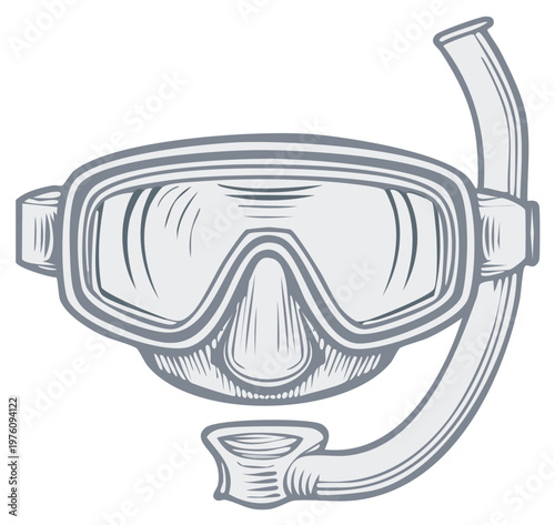 Vector artwork showcasing diving mask and snorkel equipment used in recreational underwater sports and swimming during summer vacation