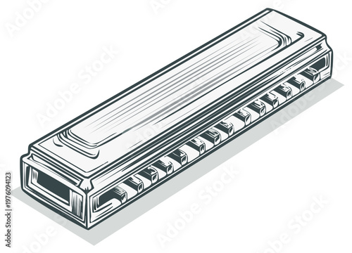 A vintage harmonica drawn in a sketchy black and white illustration style
