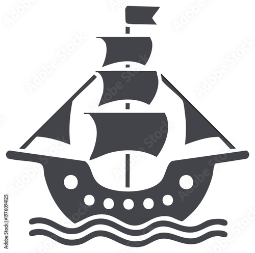 Stylized silhouette of a sailing ship with multiple sails on wavy waters