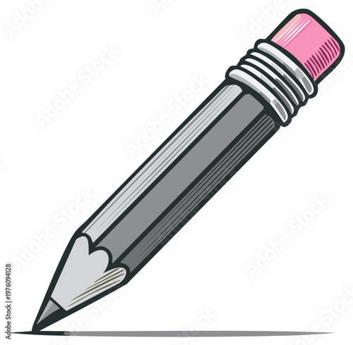 Illustrated pencil with eraser and sharpened tip for writing or drawing isolated view