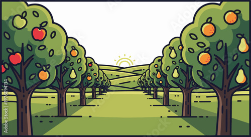 Lined orchard with rolling hills and rising sun under a white sky