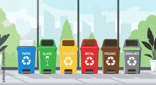 Lined up recycling bins labeled paper, glass, plastic, metal, organic, and general waste