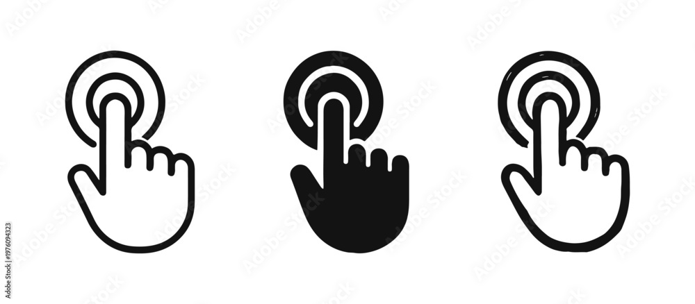 Fototapeta premium Hand click gesture icons for touch screen or UI elements, presented in three distinct styles.