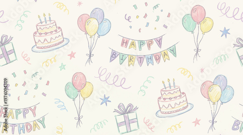 Colorful birthday celebration pattern with cakes and balloons.
