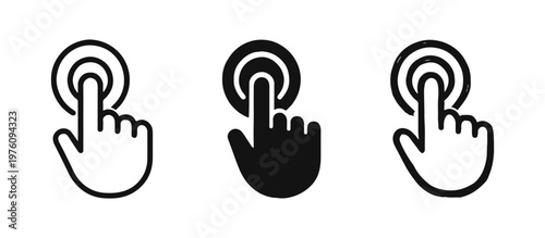 Hand click gesture icons for touch screen or UI elements, presented in three distinct styles.