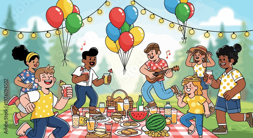 People having outdoor picnic party.