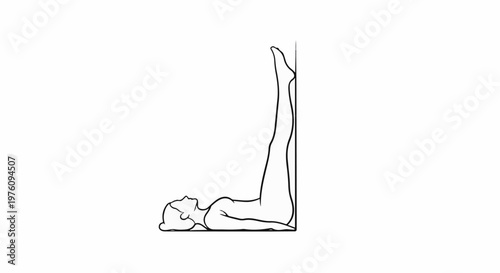 Line art of a person lying down with legs raised against a wall