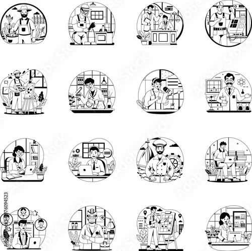 Collection of Glyph Style Different Professions Illustrations 
