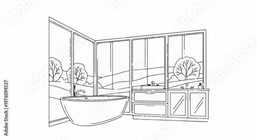 Minimalist bathroom sketch with freestanding tub and vanity