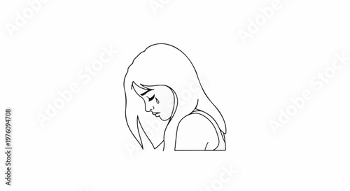 Line art of a sorrowful woman with a tear rolling down her cheek