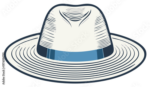 Classic Panama Hat with Blue Band Vintage Style Illustration