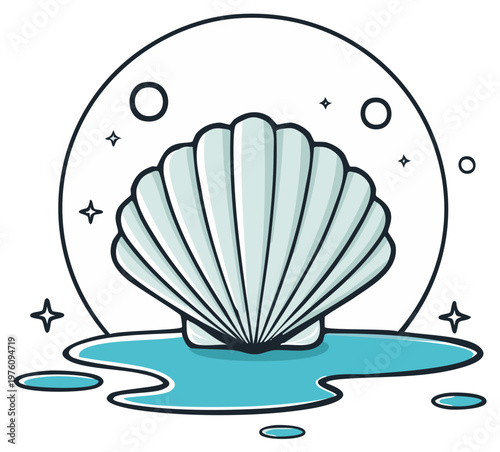 Sea Shell Icon in Ocean Water with Stars and Moon Illustration
