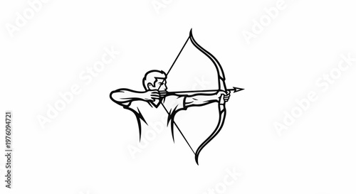 Minimalist black and white illustration of an archer drawing a bow