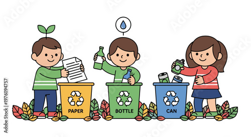Three happy kids sort paper, bottles, and cans into colorful recycling bins among autumn leaves in a cute educational cartoon vector illustration.