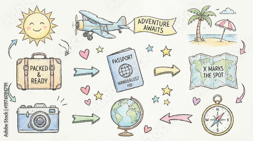Travel and adventure icons and symbols.
