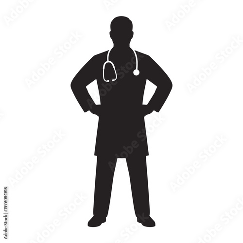 A confident doctor in silhouette vector illustration stands with hands on hips.