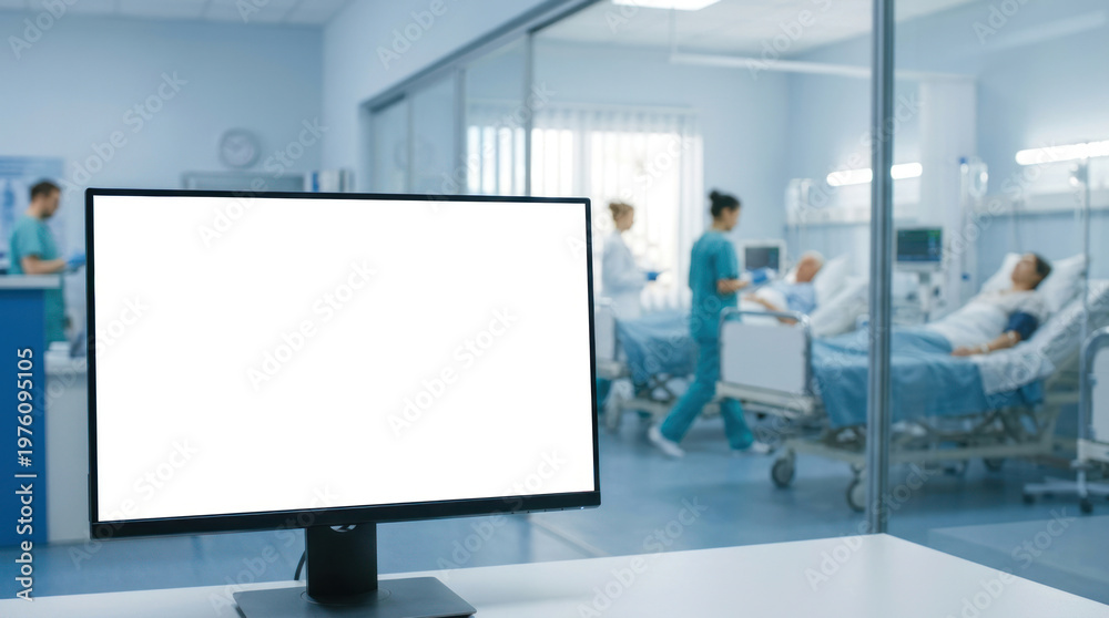 Fototapeta premium A large, blank monitor sits on a white table in a hospital room. Behind the monitor, a blurred view shows nurses attending to patients in beds.