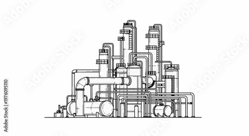 Intricate industrial piping system with tanks and distillation towers, black and white outline