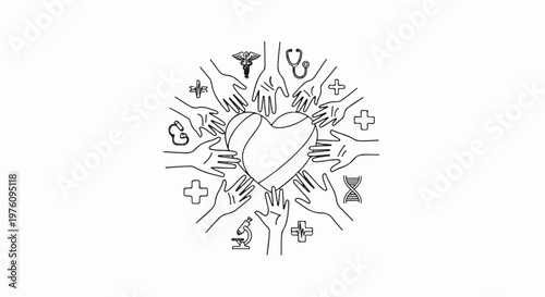 Many hands reach out to a central heart, surrounded by medical symbols