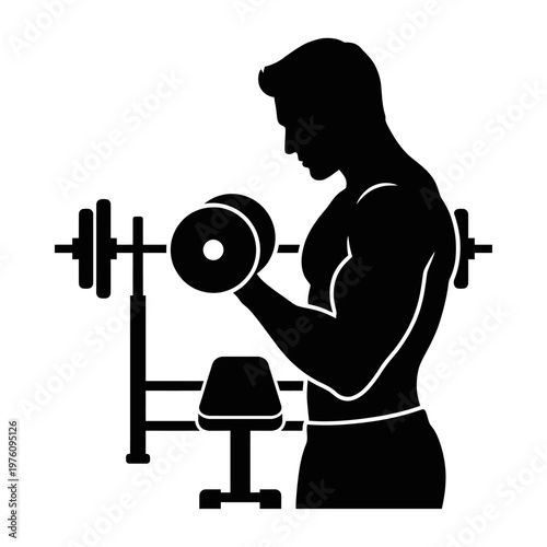 A muscular man lifts a dumbbell in a gym with a silhouette vector graphic.