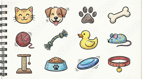 Colorful pet icons and toys illustration.