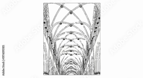 Intricate Gothic cathedral vaulted ceiling with ribbed arches and central spire details