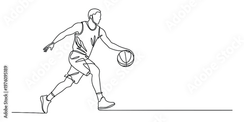 Continuous Line Drawing of a Basketball Player Dribbling