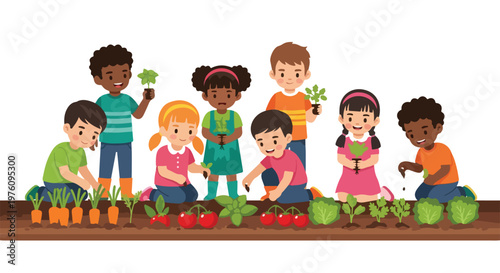 A diverse group of young children are happily working together to plant and harvest various fresh vegetables in a garden.