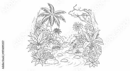 Lush tropical jungle scene with a winding stream and vibrant foliage