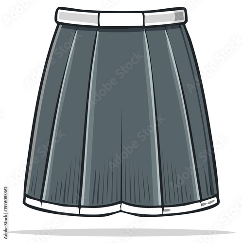 Stylish grey pleated A-line skirt with white trim fashion clothing apparel women girls casual wear illustration