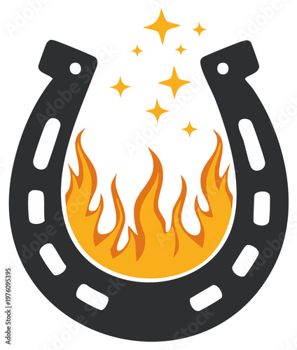 Horseshoe With Fire Flames and Stars Symbolizing Luck, Success and Good Fortune