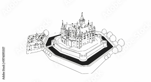 Isometric view of a medieval castle with moat and adjacent buildings