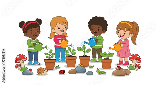 Diverse group of smiling children happily watering potted plants in a garden filled with mushrooms, snails, ladybugs, and a cute caterpillar.