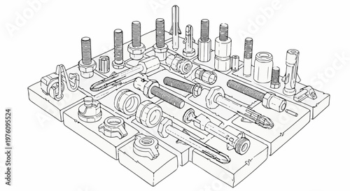 Isometric sketch of assorted metal hardware components and fasteners