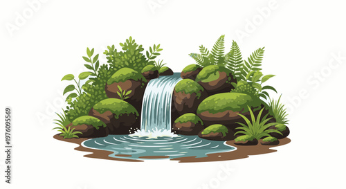 Lush green foliage surrounds a cascading waterfall tumbling over mossy rocks into a tranquil pool