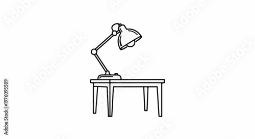 Line drawing of a desk with an adjustable lamp on a white background