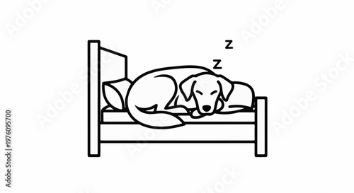Line drawing of a dog sleeping soundly on a bed with Z's