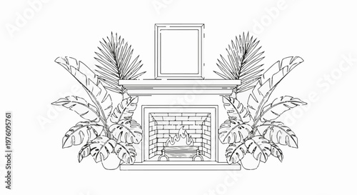 Line drawing of a fireplace with tropical plants flanking it