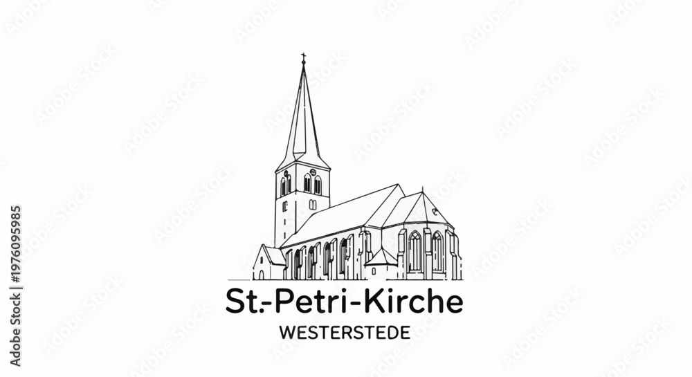Naklejka premium Line drawing of a Gothic church with a tall spire and stained glass windows