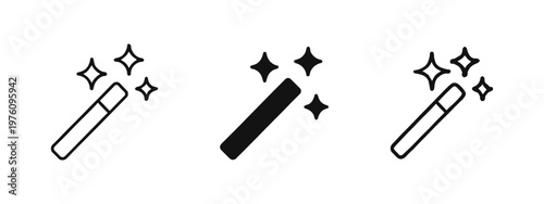 Magic wand icon set with sparkles. Symbolizing wizardry, enchantment, fairy tales, special effects, wishes, or creative tools.