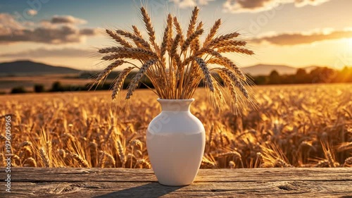 Golden wheat in vase at sunset.