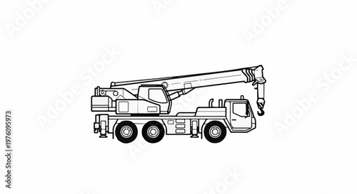 Line drawing of a heavy-duty mobile construction crane with an extended boom and hook