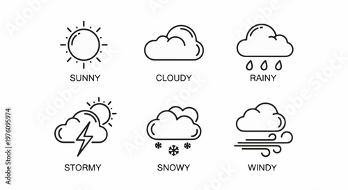 Line art icons depicting six different weather conditions with labels