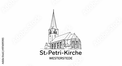 Line drawing of a Gothic church with a tall spire and stained glass windows