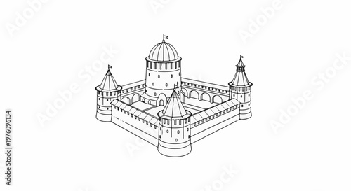 Line drawing of a medieval fortress with multiple towers and central dome