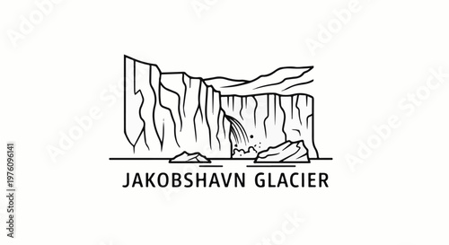 Line art illustration of a glacier with cascading water and rock formations