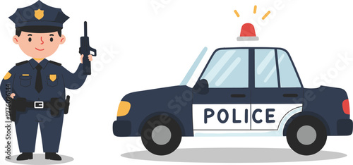 Cartoon police officer with patrol car and siren, law enforcement security service illustration isolated concept